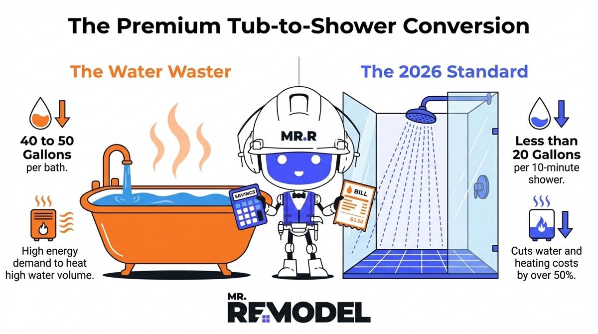 A comparative infographic demonstrating the water and energy savings of a tub-to-shower conversion, showing a bathtub using up to 50 gallons versus a modern walk-in shower using less than 20 gallons.